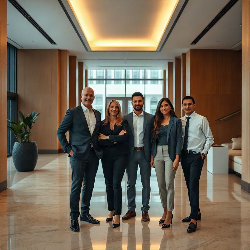 Equipe da Alphagpulse em lobby de escritório modernista