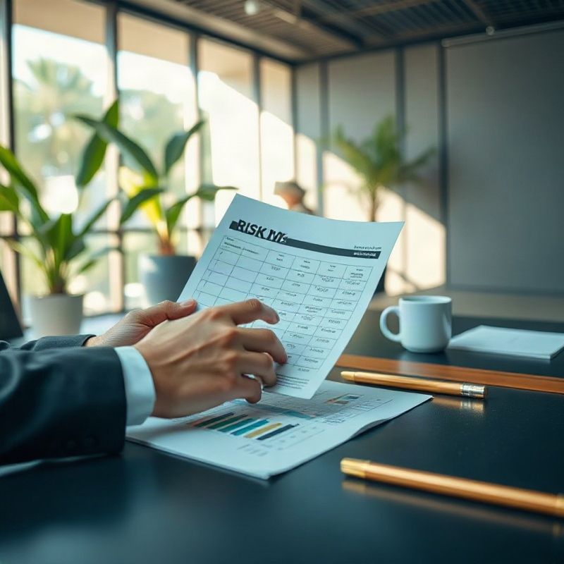 Matriz de risco sendo revisada em mesa de trabalho